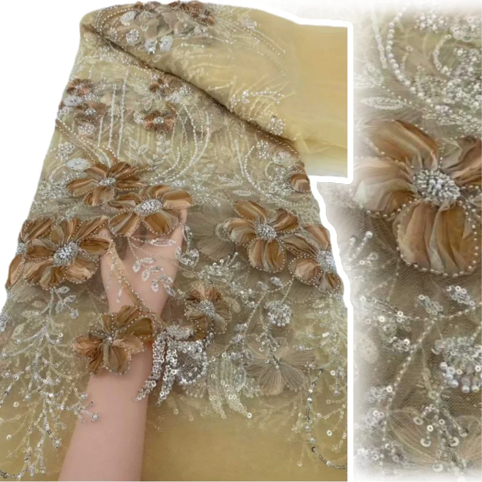 

Latest African 3D Flower Lace Fabric Embroidery 2025 French Sequins Mesh Lace Fabric Nigerian Tulle Lace for Party Dress TP1660
