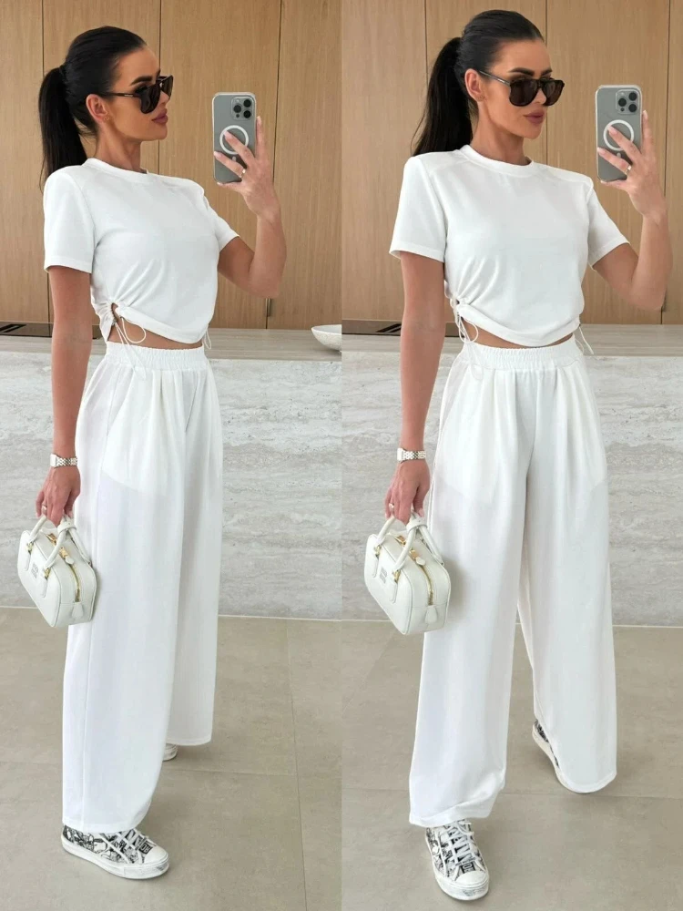 

Fashion Summer Solid Color Short Drawstring Waist Short Sleeve Top Elastic Waist Wide Leg Pants Women's Set 368