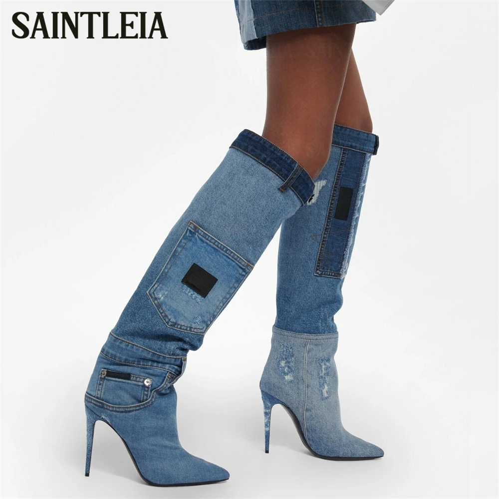 

Patched Denim Knee High Boots Pointed Toe Stiletto Boots Jeans Style Novelty Designer Shabby Style Handmade Knee Boots for Women