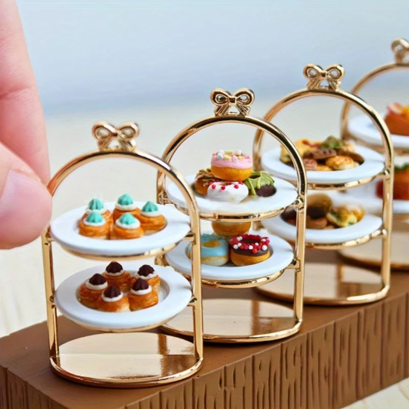 1 Juego de Mini estante de Metal para pastel de casa de muñecas 1:12, estante para pastel, soporte para postre, modelo Playhouse, decoración de comedor, accesorio de adorno