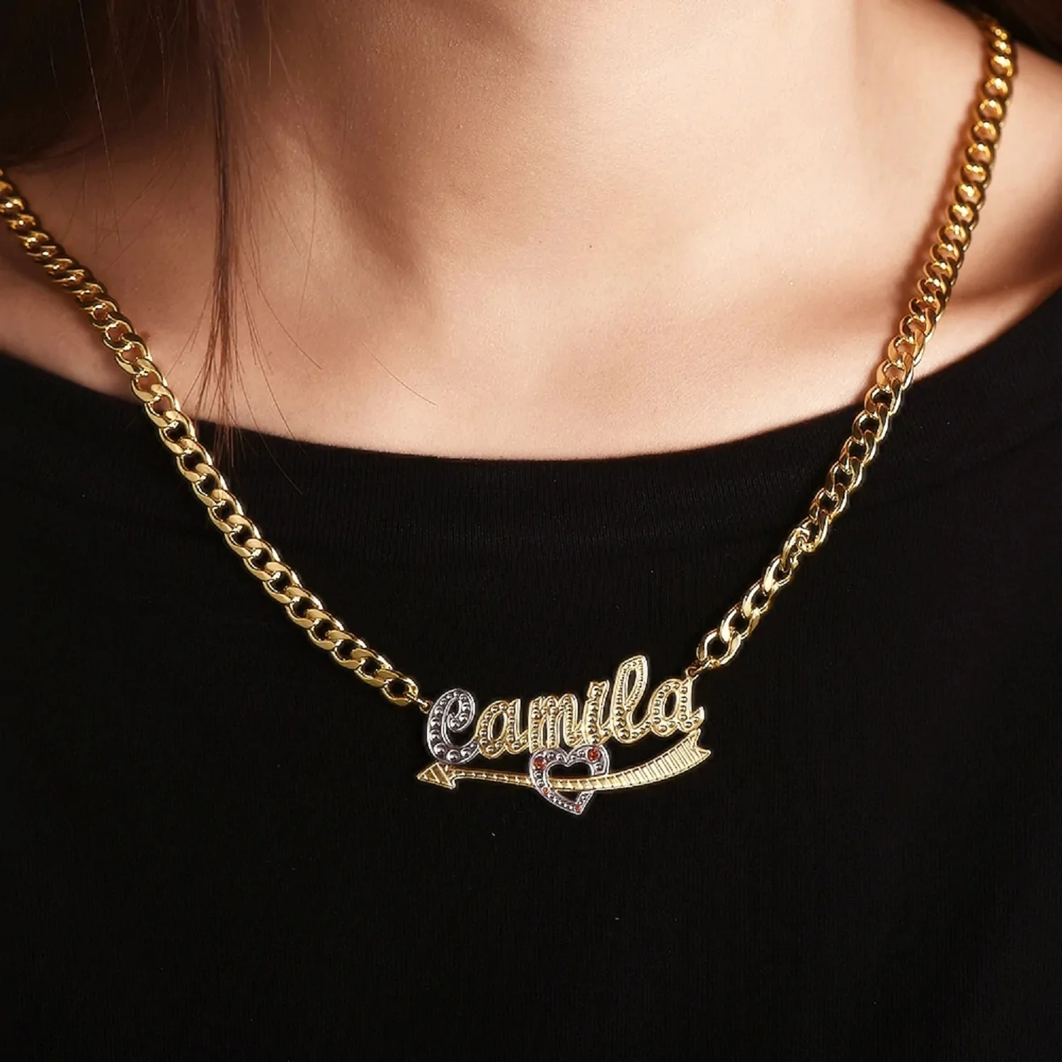 18K Gold Plated Two Tone Custom Name Pendant With Heart Personalized Birthstone Name Necklace For Her Christmas Gift Women