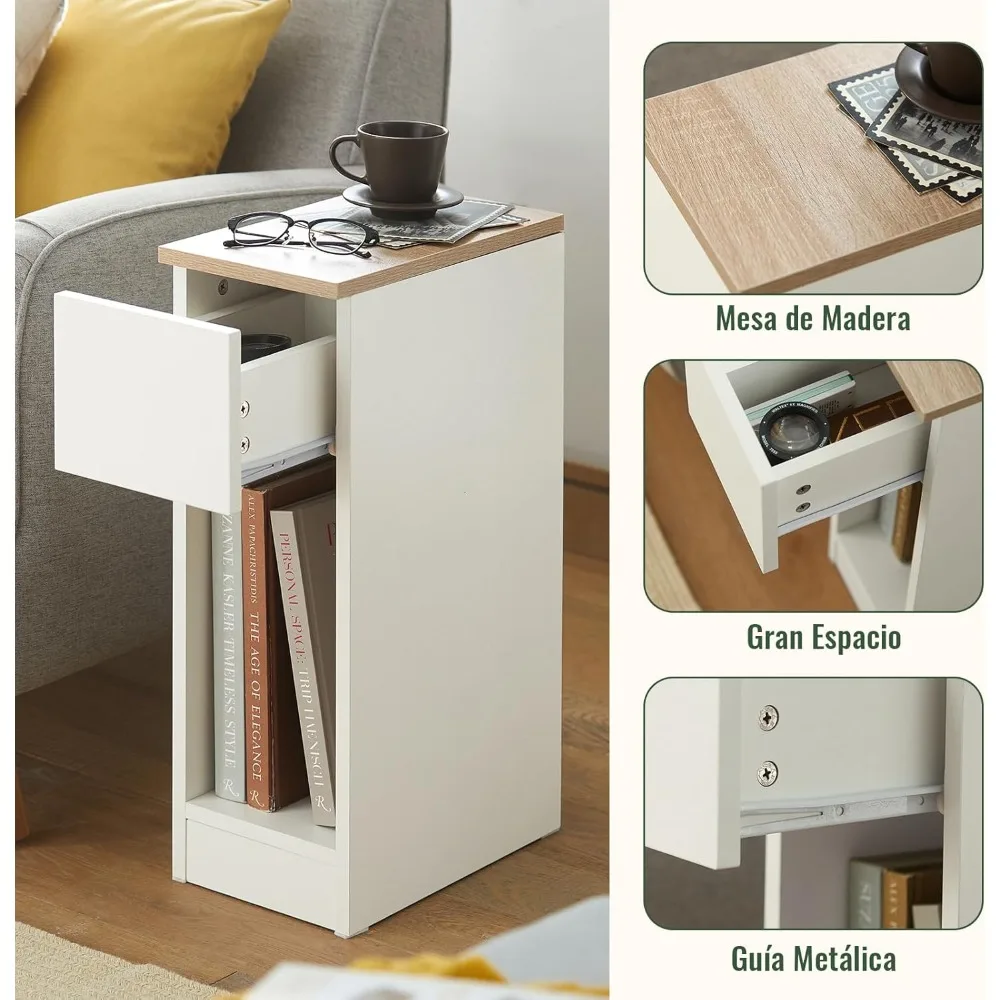 مجموعة 2 Mesita Noche Estrecha con cajón y Estante Mesa Auxiliar mesilla Noche para Dormitorio y Sala Estar Blanco Anc #4