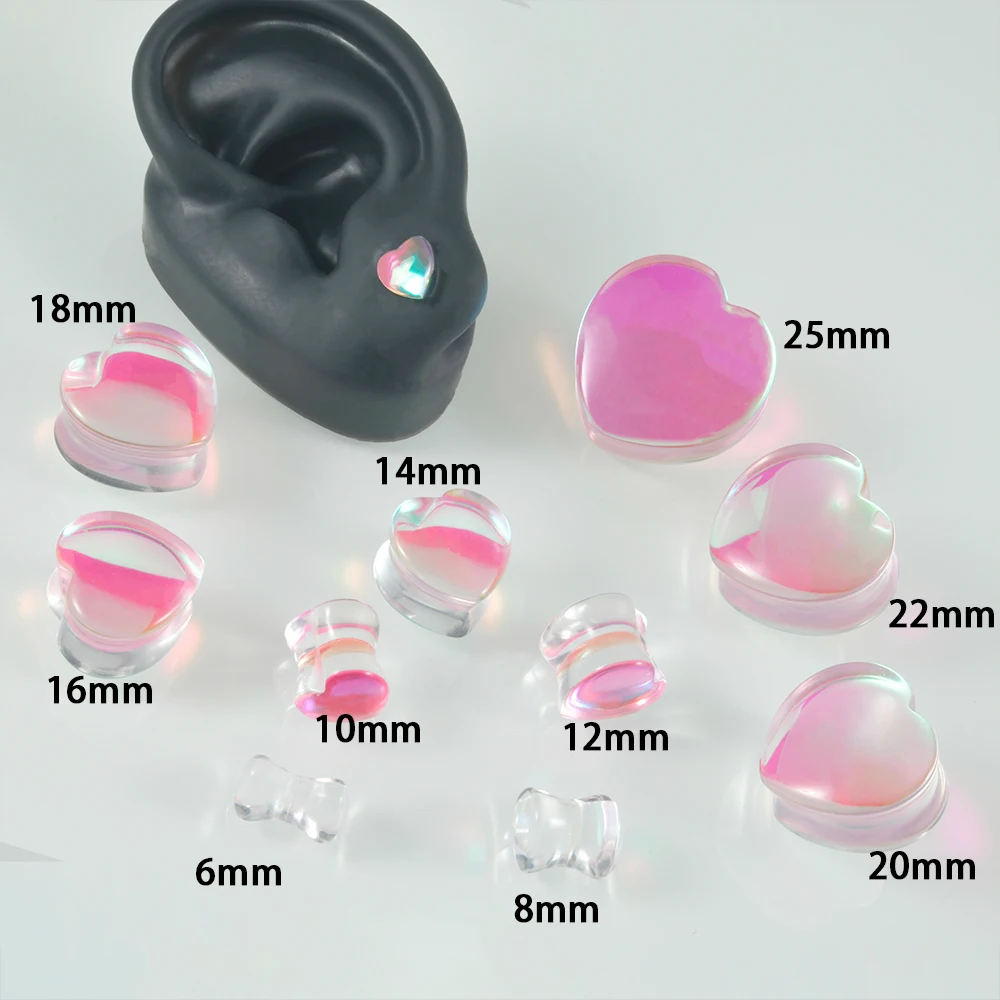 1Pair Heart Top Quality Iridescent Pink For Women Glass Double Flare Flashback  Ear Plugs Tunnel Gauge Ear Stretching Expander