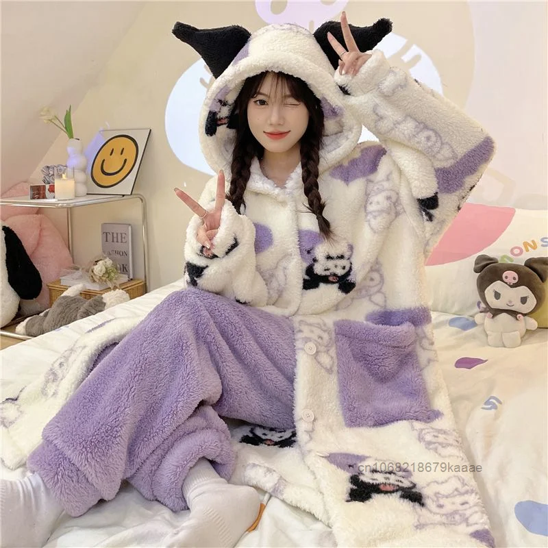 Sanrio Kuromi Cartoon Cute Purplu Pajamas Winter Coral Velvet Thickened Hooded Home Wear Set Lovely Soft Y2k Girl Nightgown Suit