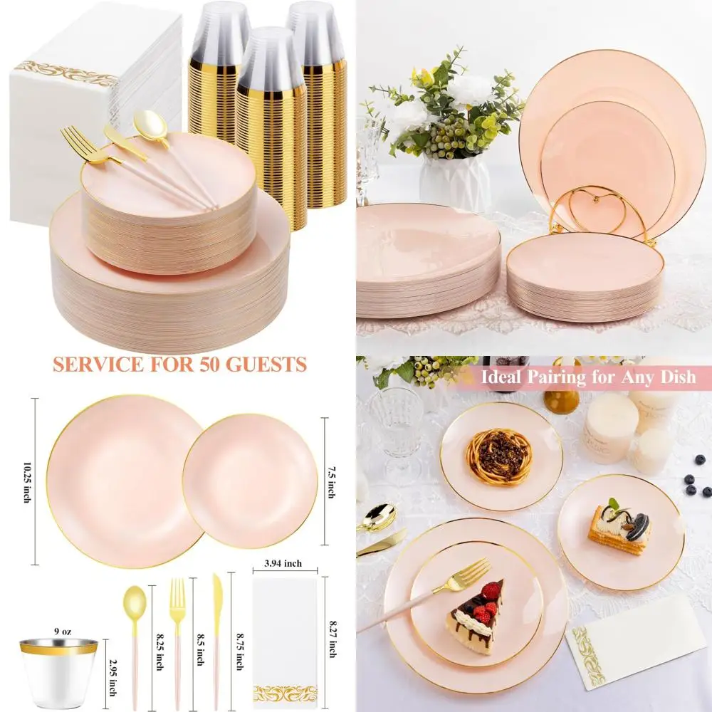 

Набор пластиковой посуды розового золота для вечеринок и выпускников: 350 предметов с 100 розовыми тарелками и одноразовыми тарелками из золота 150
