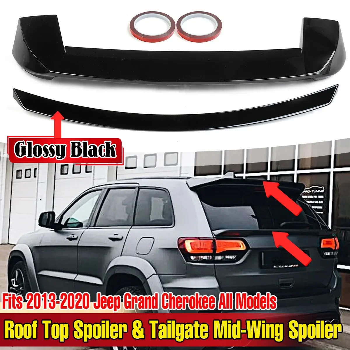 Glossy Black/Carbon Fiber Look Rear Trunk Spoiler Lip Extension+Rear Roof Spoiler Lip Wing For Jeep For Grand Cherokee 2013-2020