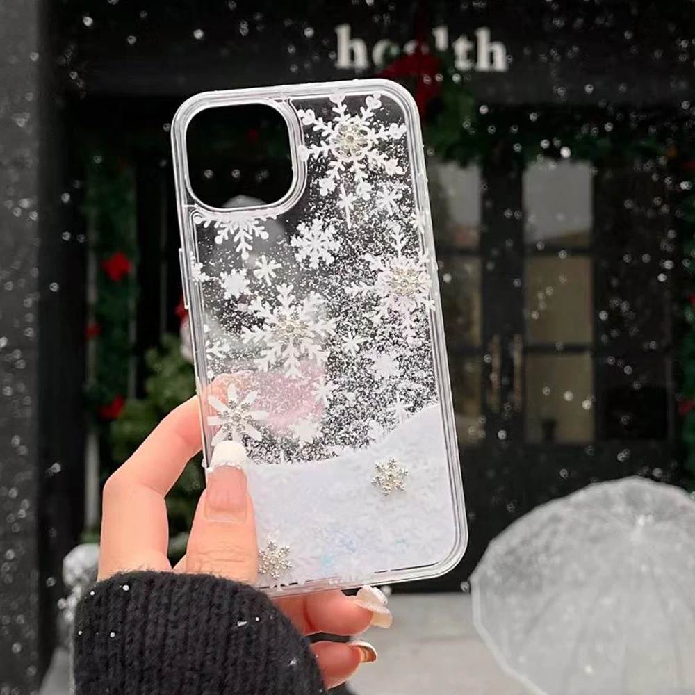 Winter Liquid Quicksands Glitter Sequins Xmas Case for iPhone 11 12 13 14 15 16 Pro Max Snowflakes Transparent Christmas Cover