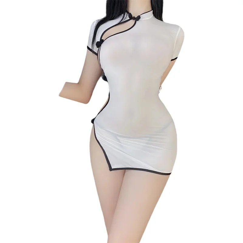 

Style Sweet Chinese Sexy Hot Cheongsam Cosplay Girlfriend Short Sleeve Mesh Transparent Tshirt Mini Dress Short Korean 3JRL