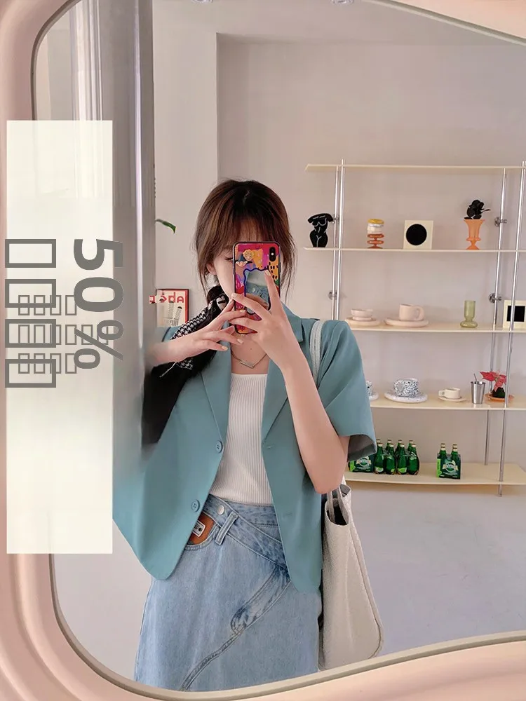 

Зеленая женская куртка с коротким рукавом, приталенная, тонкая, универсальная, стильная, летняя, повседневная, деловая, для женщин