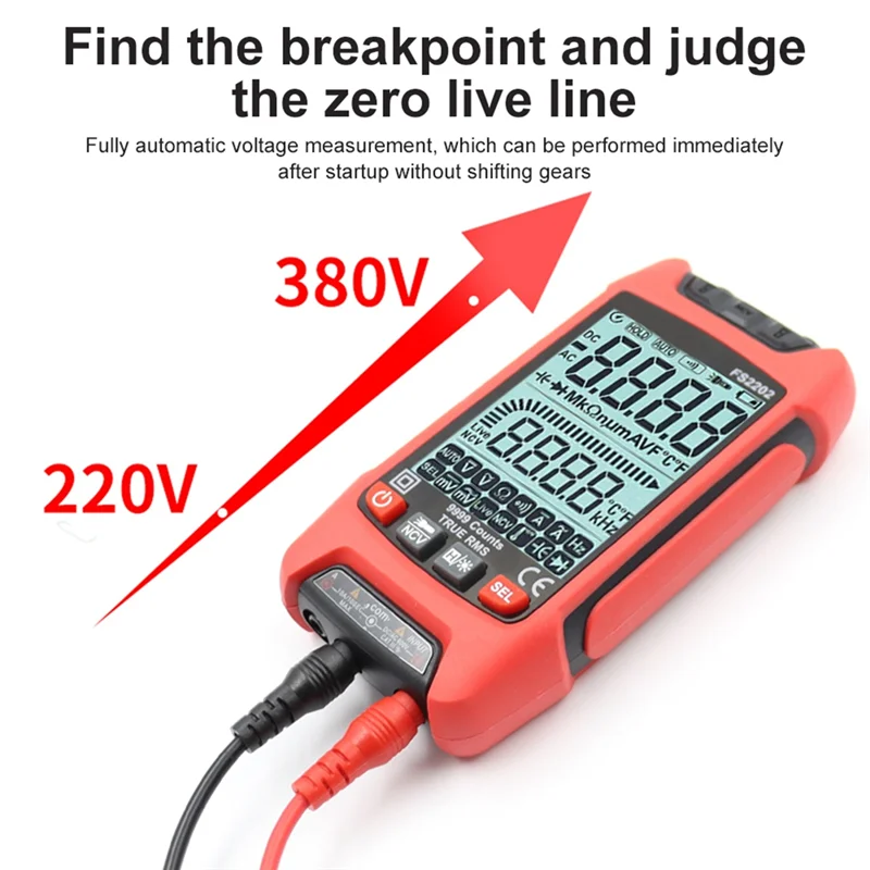 FS2202 Auto Range Multimeter 9999 Counts TRMS AC DC Voltmeter Amp NCV Resistance Capacitance Transistor Tester Orange