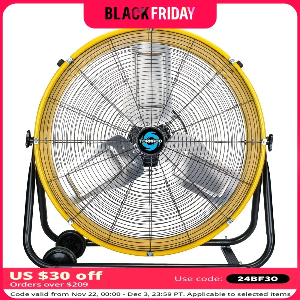 Fans, 24 Inch High Velocity Heavy Duty Tilt Metal Drum, 3 Speed 8540 CFM 1/3 HP 8 FT Cord UL Safety Listed, Fans