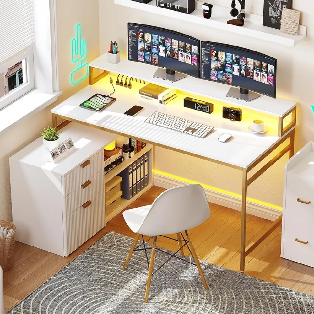 L Shaped Desk with Power Outlets & LED Lights & File Cabinet, 55 Inch Large Computer Desk Corner Desk, White & Gold