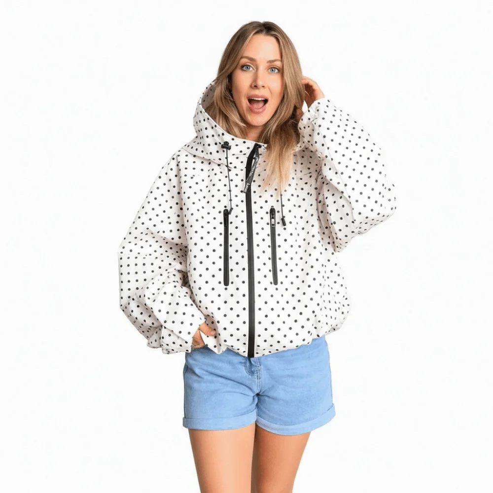 Polka Dot Hooded Windbreaker Jacket Water Resistant Wind Resistant Lightweight Raincoat Loose Fit Full Zip Closure