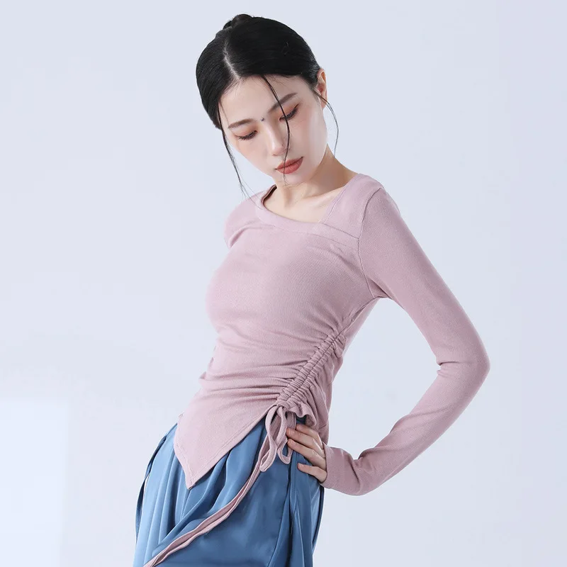 Thumb Finger Sleeve Women Top Long Sleeve Dance Shirt Side Draw String Classical Dancer Practice Clothes Solid Color 2023 New