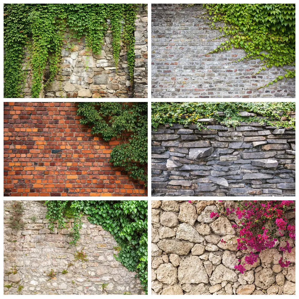 Grunge Brick Wall Photography Background Stone Wall Greenery Green Leaves Baby Birthday Portrait Wedding Backdrop Photo Studio