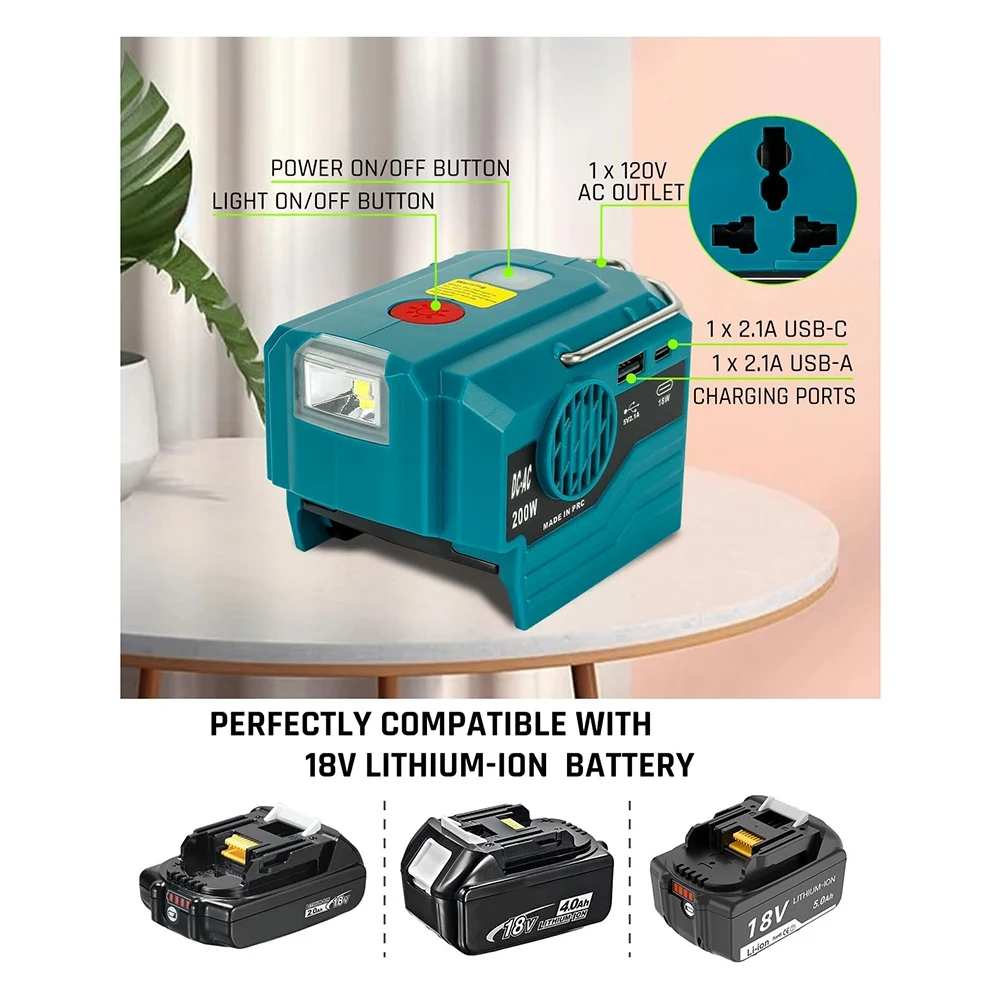 Inverter Daya Baterai Li 200W untuk 18V Ke AC 120V, Inverter Catu Daya dengan Lampu Kerja LED, Output USB Tipe C Tahan Lama