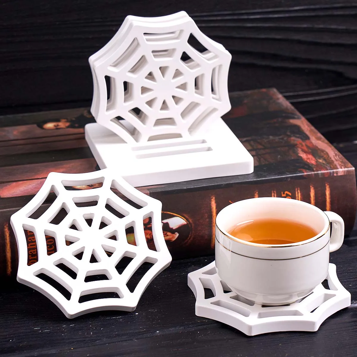 Halloween Untersetzer Lagerung Rack Set Silikon Form DIY Handgemachte Schädel Kürbis Display Platte Gips Harz Handwerk Formen Wohnkultur