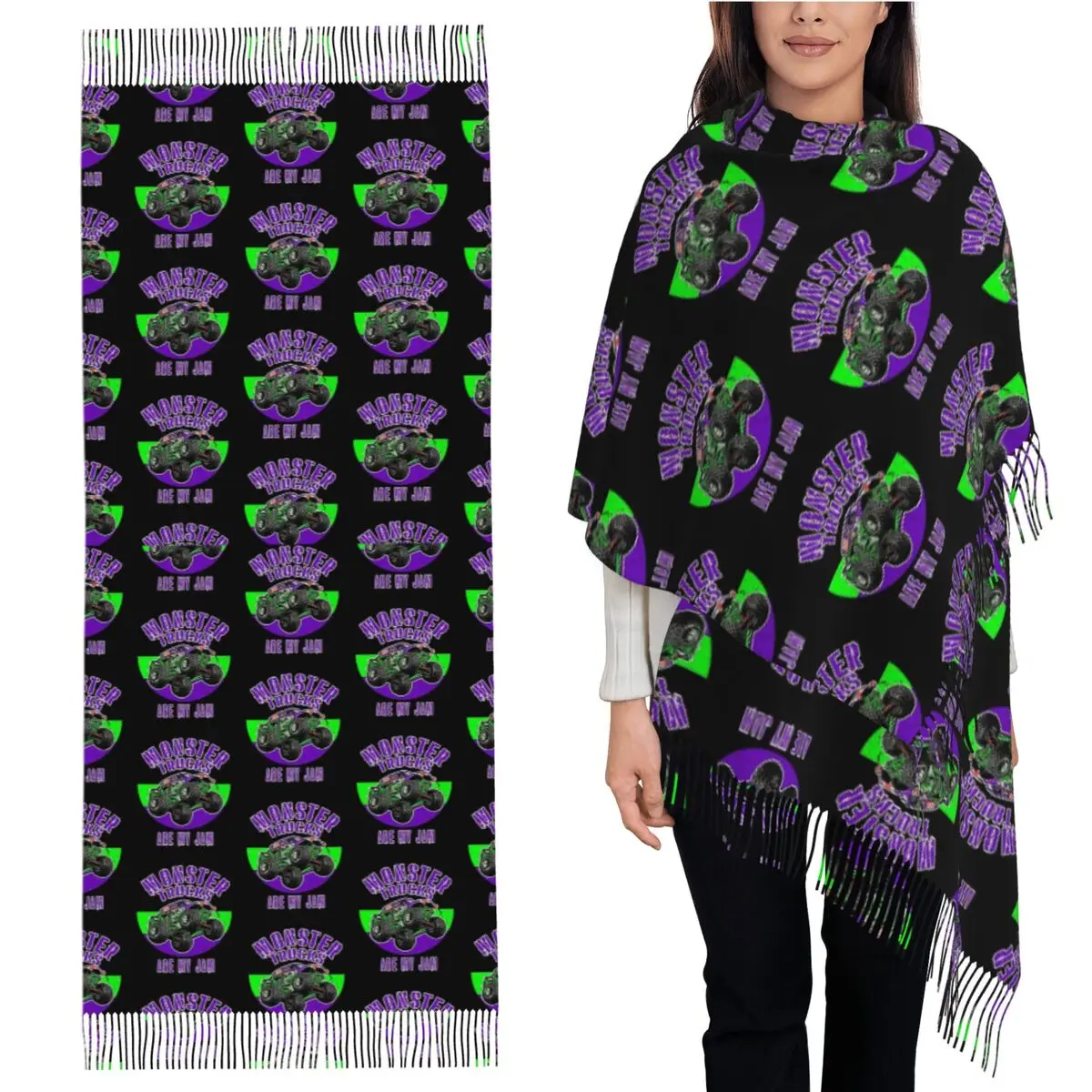 Monster Truck Are My Jam Grave Digger, bufanda artística Vintage, bufandas con borlas, chales y chales para mujer, chal grande para Otoño e Invierno
