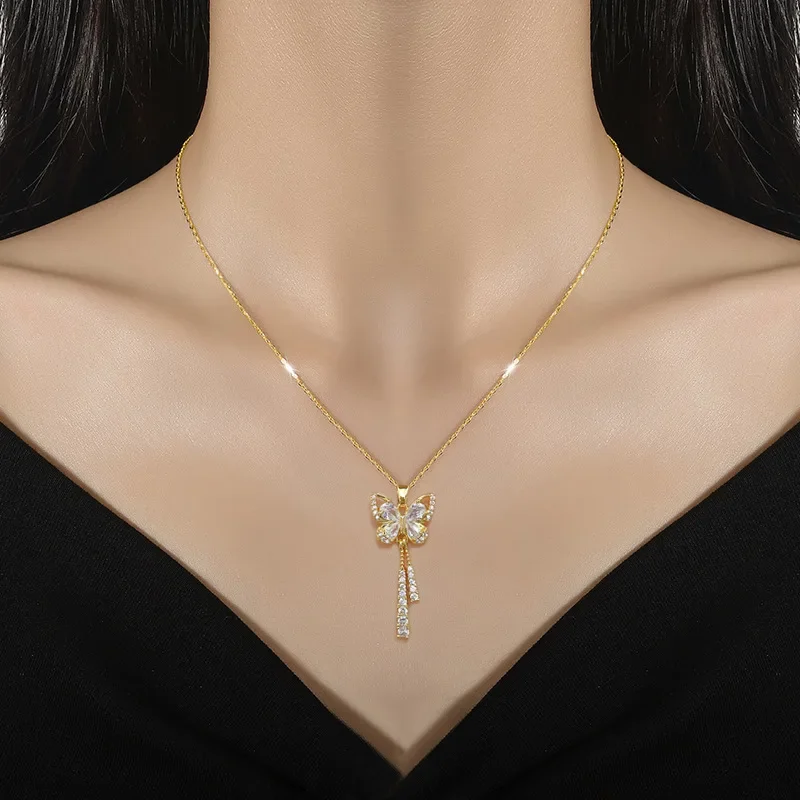 Temperament Butterfly Tassel Full Crystal Pendant Necklace for Women Luxury Gold Color Stainless Steel Clavicle Chain Jewelry