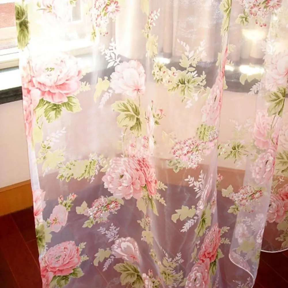 Gorden Sheer Motif Bunga Pink dengan Rod Pocket - 2 Panel, 60 cm Setiap Panel, Panjang 84 cm, Lebar Total 120 cm untuk Cahaya Alami