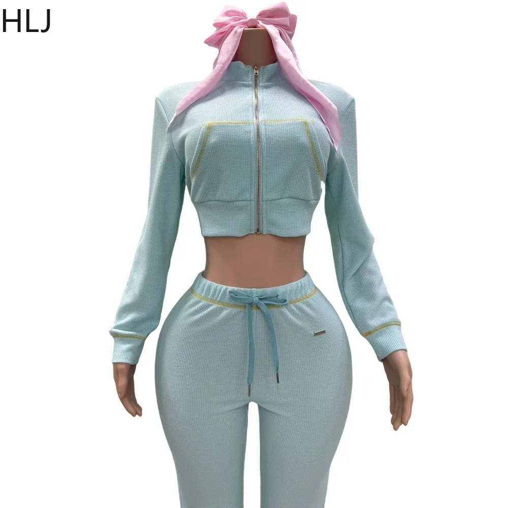 HLJ Autumn New Waffle Sporty Two Piece Sets Outfits Women Zipper Long Sleeve Crop Top And Jogger Pants Tracksuit Female Clothing