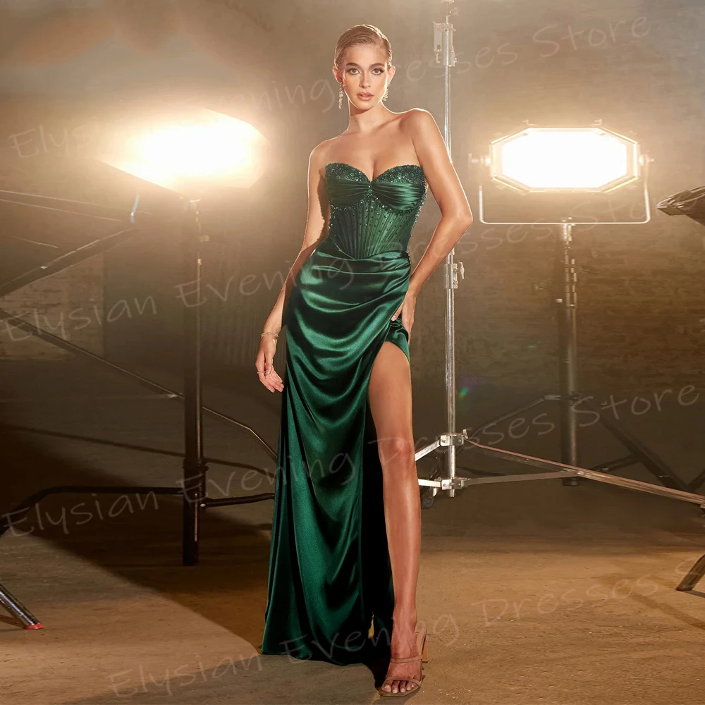 Classic Green Women's Mermaid Modern Evening Dresses Sweetheart Sleeveless Prom Gowns Sexy Side Split Beaded Vestido De Noche