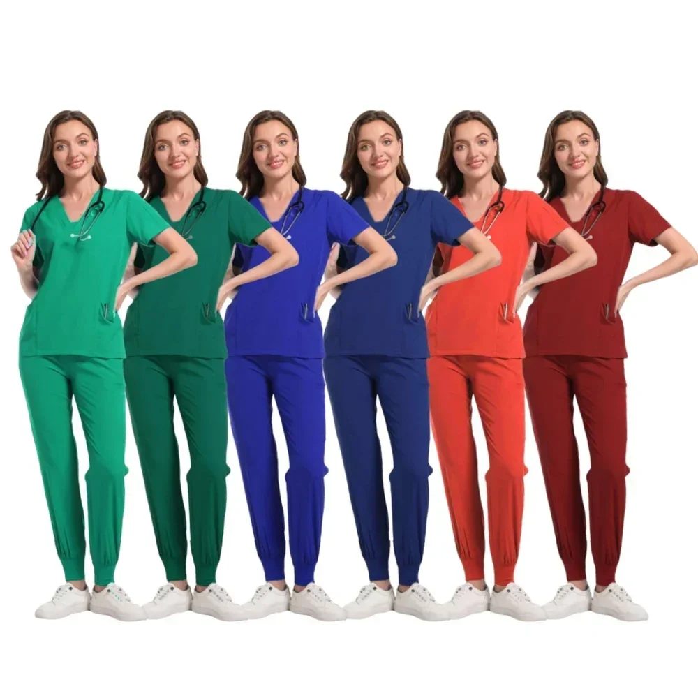 Однотонные топы для домашних животных, больничная форма, хирургический халат с карманами и V-образным вырезом, скраб-брюки для женщин, одежда для бега, медсестры, спецодежда