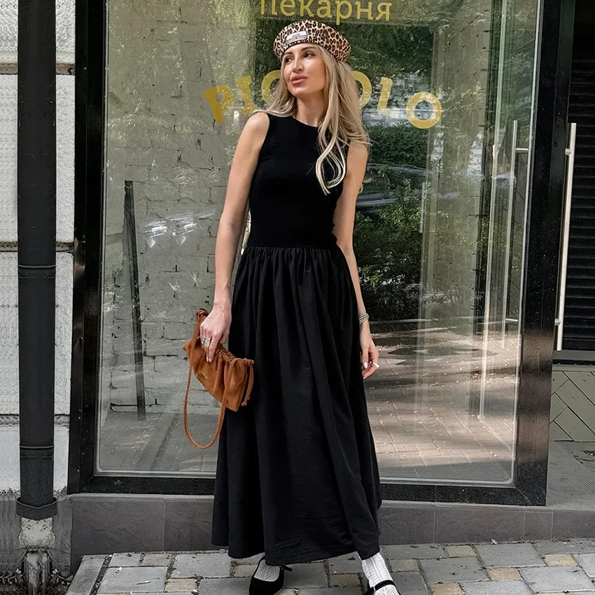 Modna dzianinowa długa sukienka bez rękawów jednokolorowa O-neck damska wiosna lato eleganckie sukienki Maxi w stylu vintage Lady odzież dojazdowa