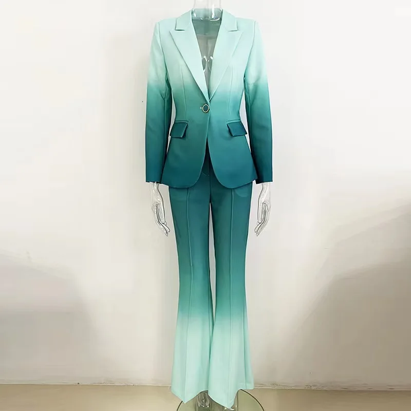 Blazer de botão único estampado gradiente colorido feminino, terno de calças flare, estilo estrela, alta qualidade, moda mais nova, 2022, 2 peças