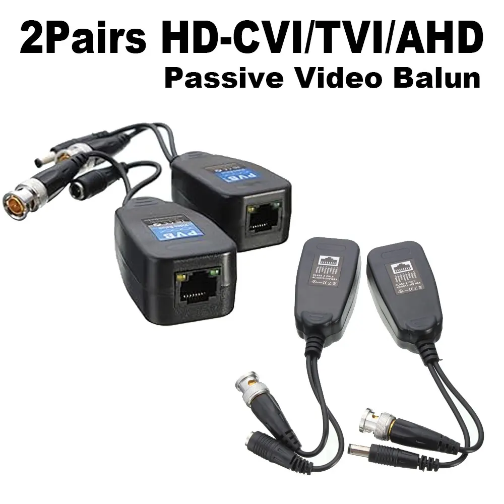 2Pairs HD-CVI/TVI/AHD Passive Video Balun with Power Connector and RJ45 CAT5 Data Transmitter BNC Twisted Pair