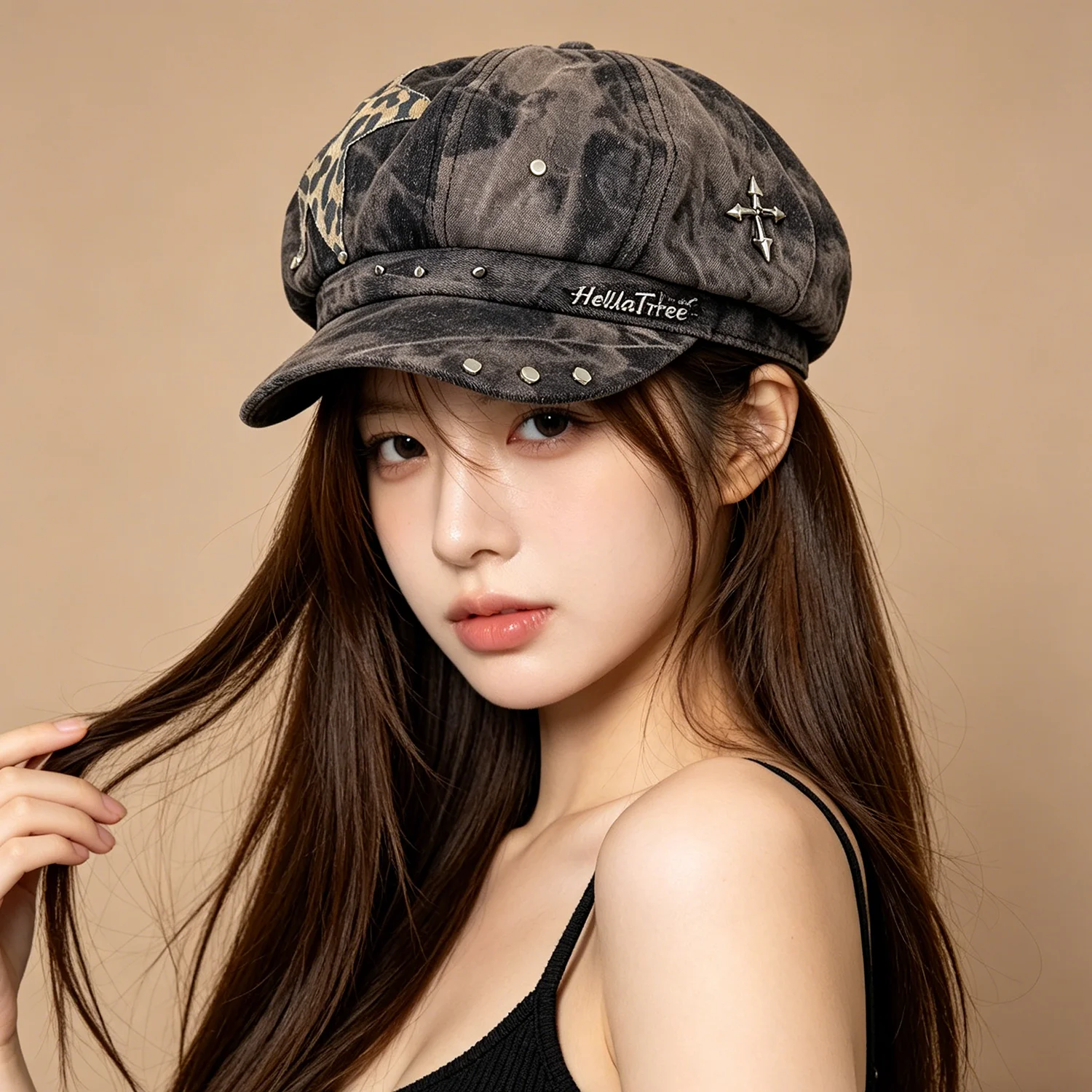 Y2K Washed Distressed Tie Dye Beret Unisex Leopard Star Patch Rivet Detail Lightweight Daily Street Sun Cap for Men Women