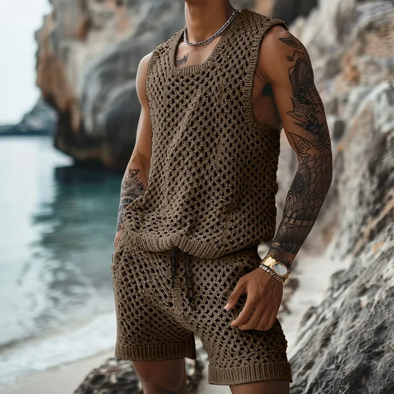 2025 American Style Fashion Men Vacation Style Hollow Mesh Vests Sexy Casual Summer Male Sleeveless Tank Tops Shorts Suit S-5XL
