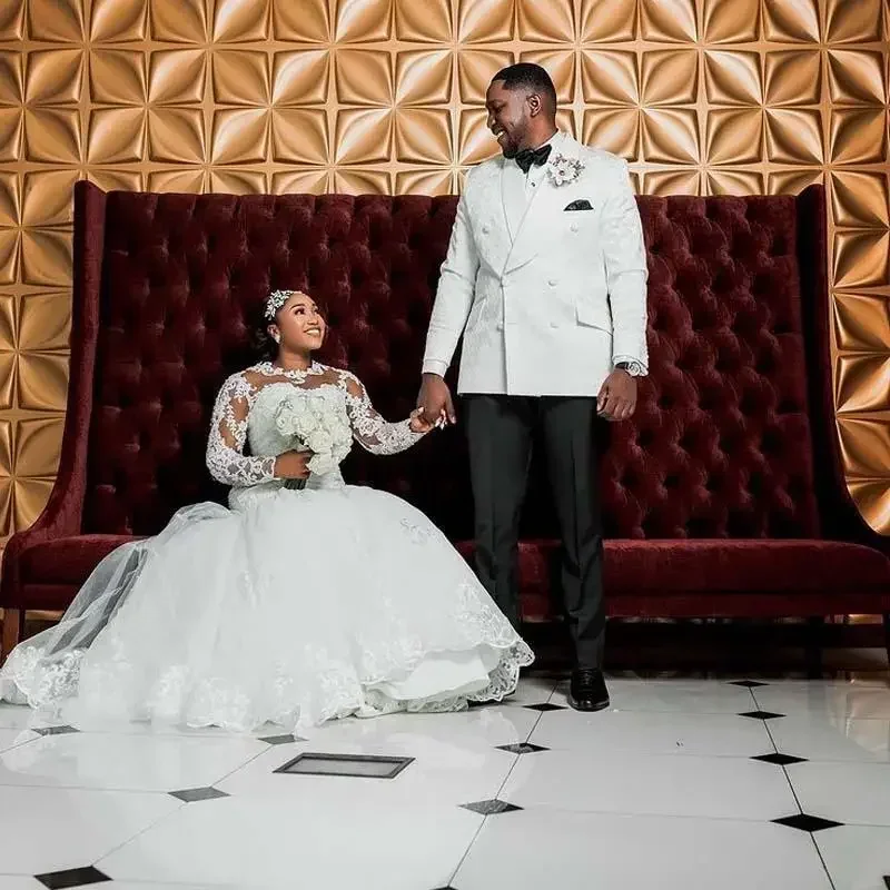 Robe De mariée sirène en dentelle blanche, magnifique, personnalisée, manches longues, grande taille, col à bijoux