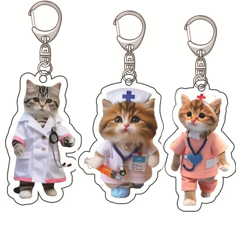 High Quality Cat Doctor Nurse Keychain with Quirky Style Mouse Patient Syringe Nurse Cap Stethoscope Pendant Accessory Keychain