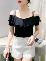 #5967 Black Green Mesh Short Party Streetwear T Shirt Thin Sexy Elastic Off Shoulder T Shirt Women Split Joint Ruffles Summer