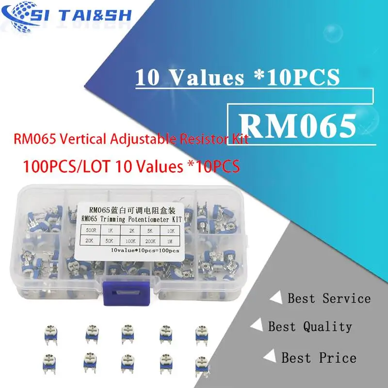 

100PCS/LOT 10 Values *10PCS RM065 Vertical Adjustable Resistor Kit In Box 500 ohm-1M ohm Multiturn Trimmer Potentiometer Set