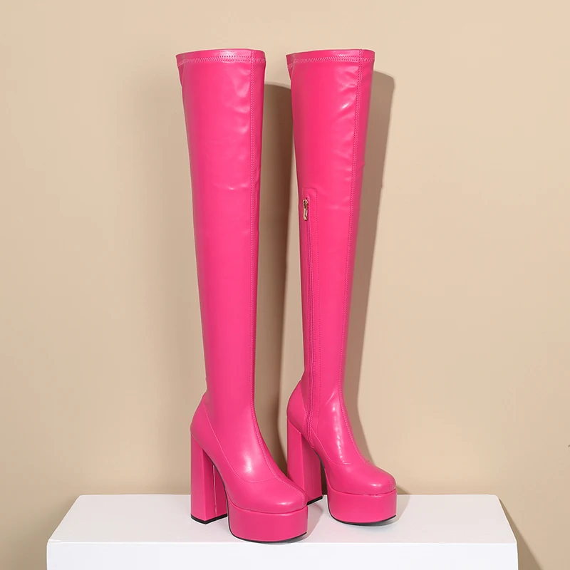 Square Head Platform Super High Thick Heel High Quality Elastic Boots Simple Side Zipper Slip On Women's Over The Knee Boots