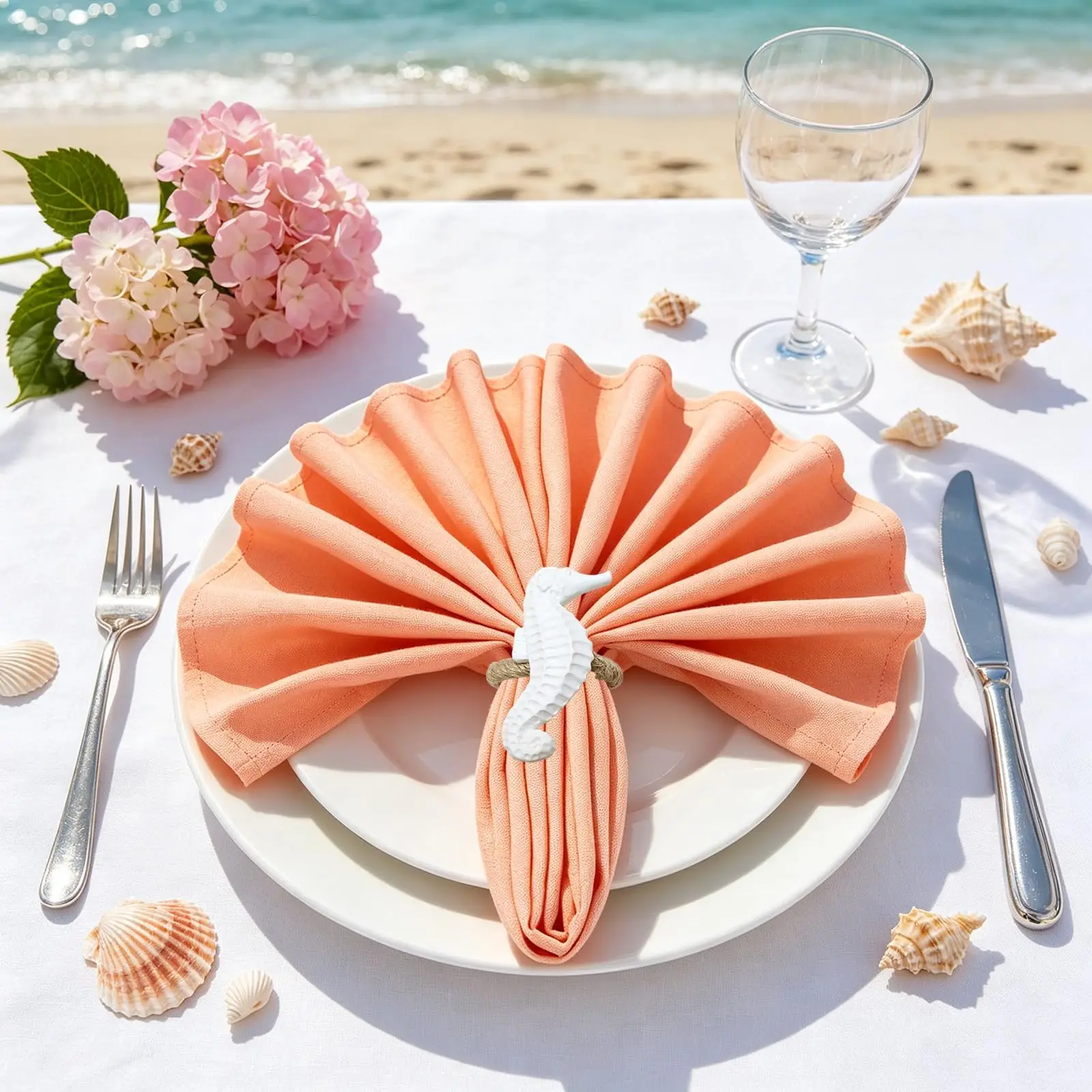 Dvianna 12Pcs Seahorse Napkin Rings White Resin Napkin Holder with Rope for Beach Wedding Ocean Theme Table Decor