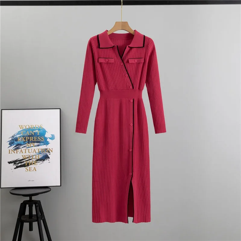 2025 جديد الربيع والخريف الرياح الصغيرة عبق كبار الشعور الملكي شقيقة نمط طويلة الأكمام وهمية زر سليم فستان منسوج Vestidos