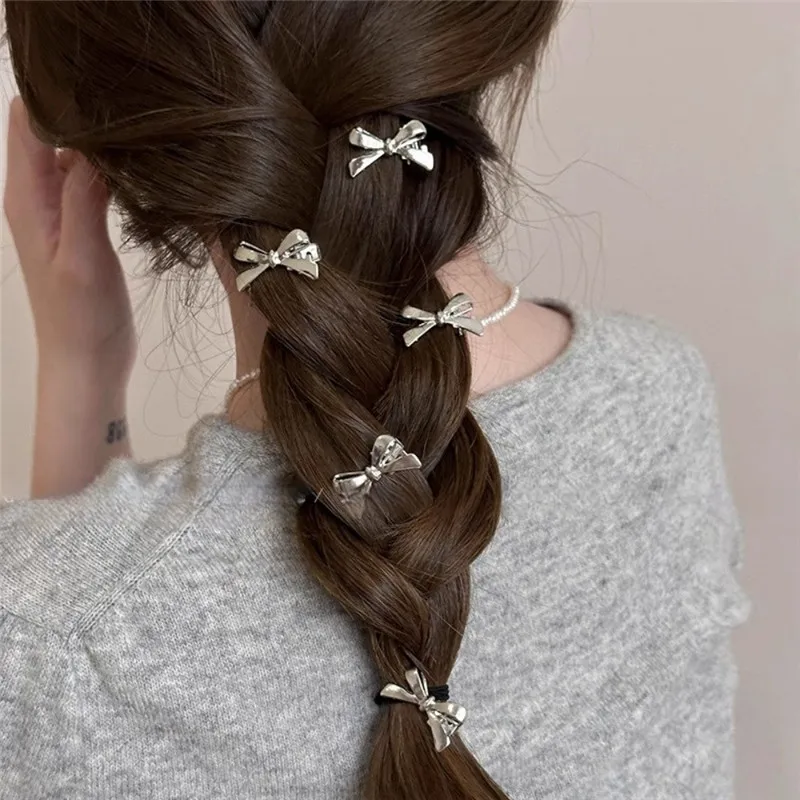 5pcs Set Metal Bow Mini Hair Clip Women Sweet Cool Gold Silvery Color Small Side Clip Duckbill Hairpin Headwear Hair Accessories