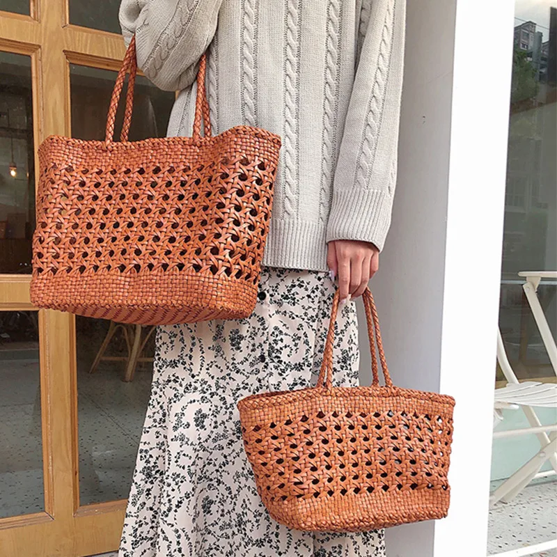 100% Genuine Leather Hollowed Hand Woven Shoulder Bag with Casual Woven Inside Bag Vintage Big Bag Shopping Bag Cowhide Tote Bag