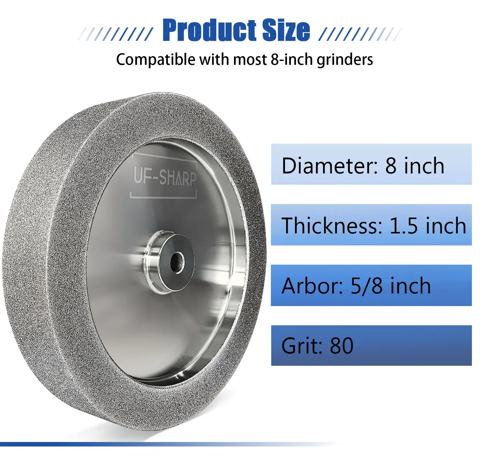 200mm CBN Grinding Wheel 8 inch 1.5 Inch Wide  5/8in Bore for Sharpening  High-Speed Steel Wood Turning Tools Right/Round Angle