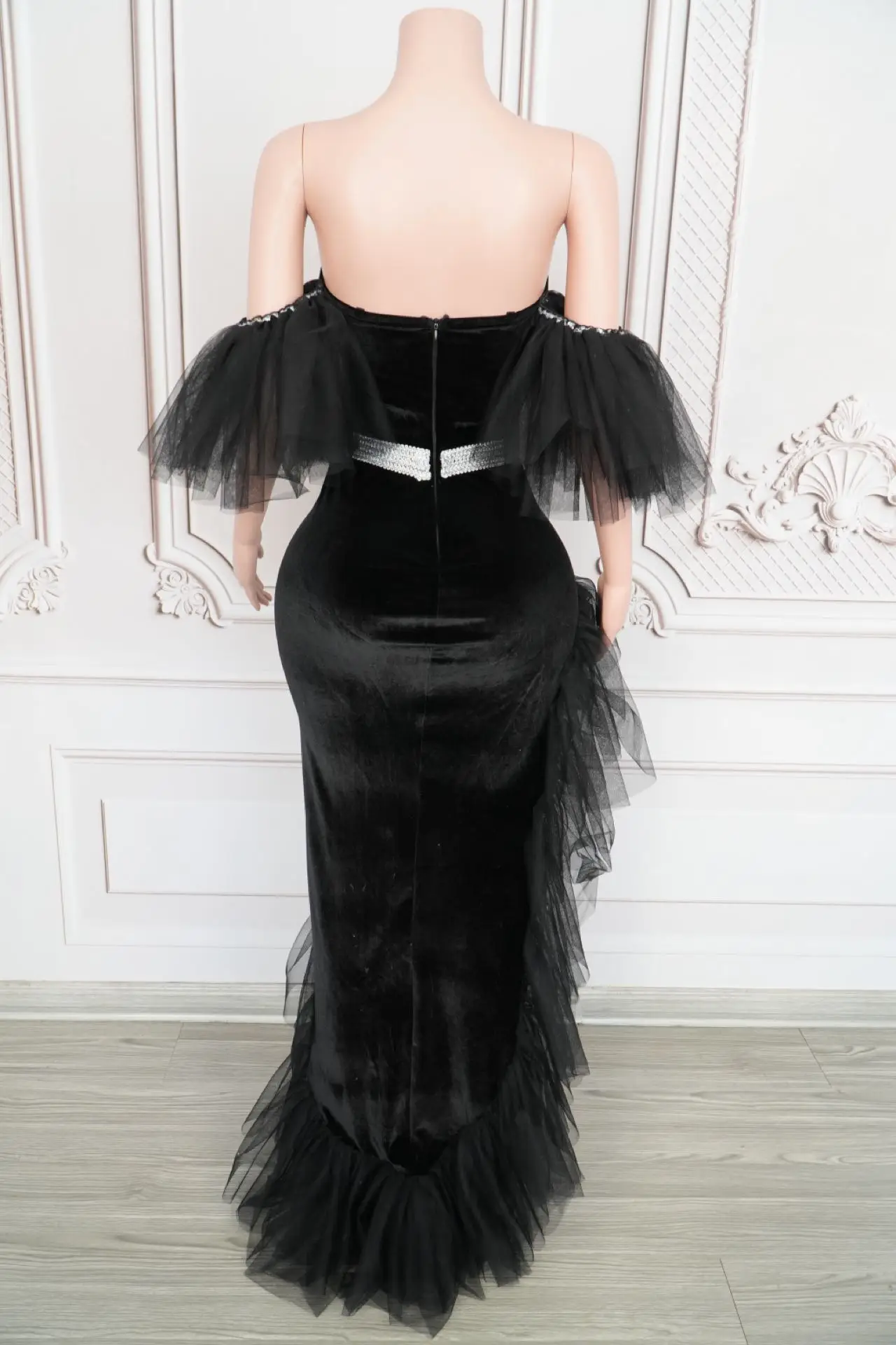 

Sexy Gauze Velvet Black Evening Gown Fashion Women High-end Sleeveless Long Dress Club Birthday Celebrate Party Photo Shoot Wear
