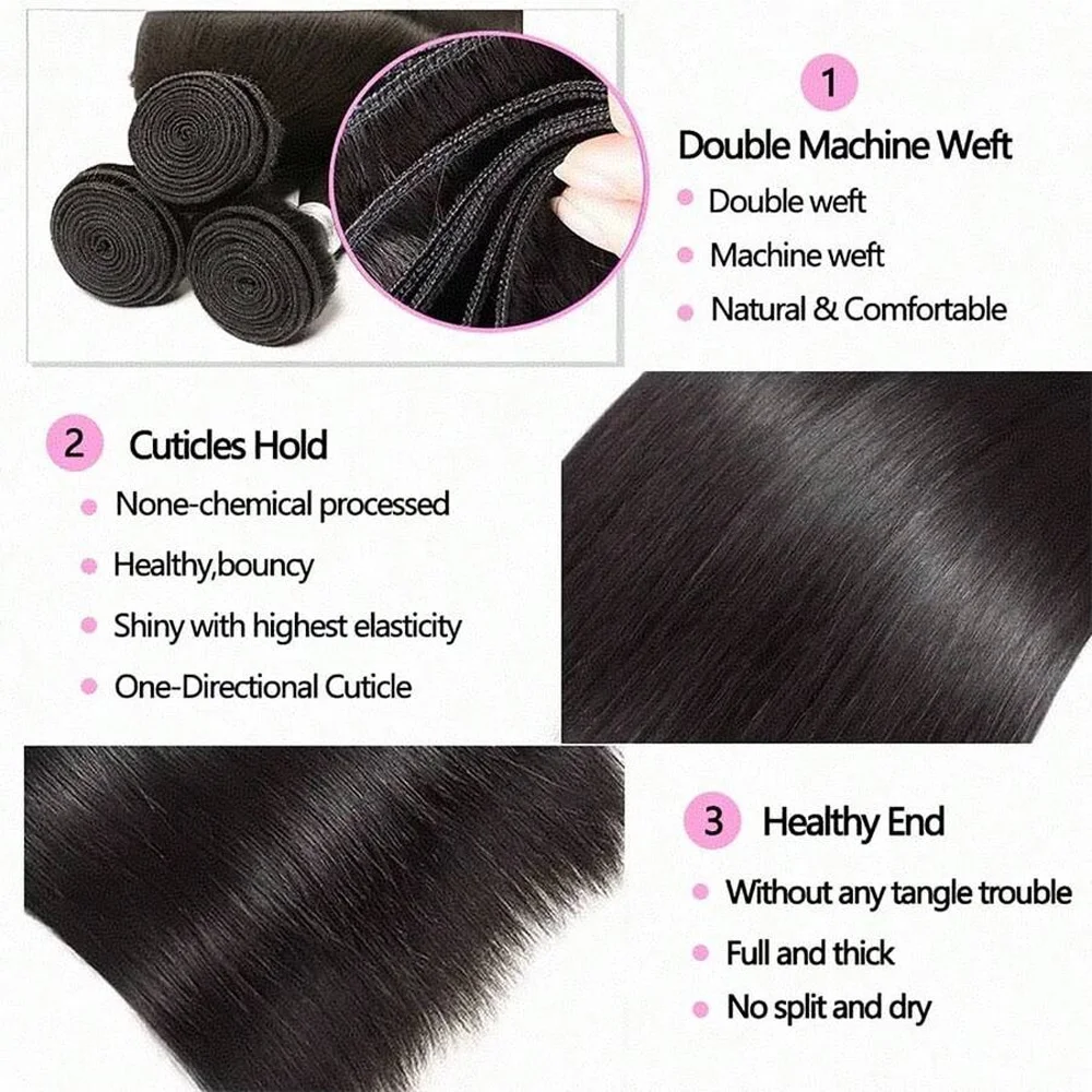 Extensiones de cabello humano, cabello humano liso, 26, 28 y 30 pulgadas, mechones de cabello virgen brasileño sin procesar, extensión de cabello de tejido rápido