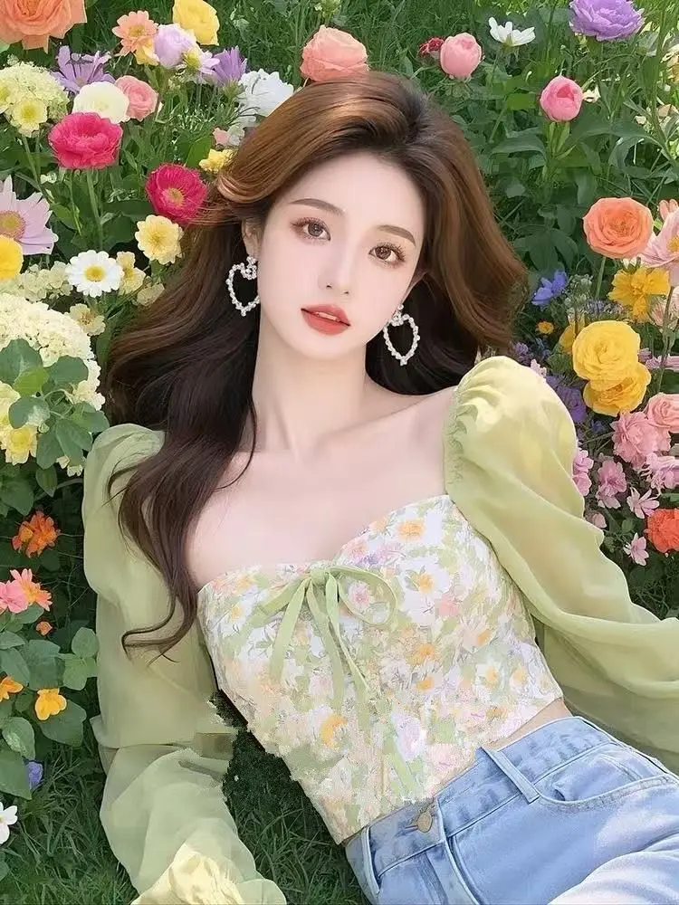 

2025 Spring Summer Women's Clothing Strapless Puff Sleeve Shirts Floral Bow Crop Tops Female Slim Fashion Sweet Design Blouses