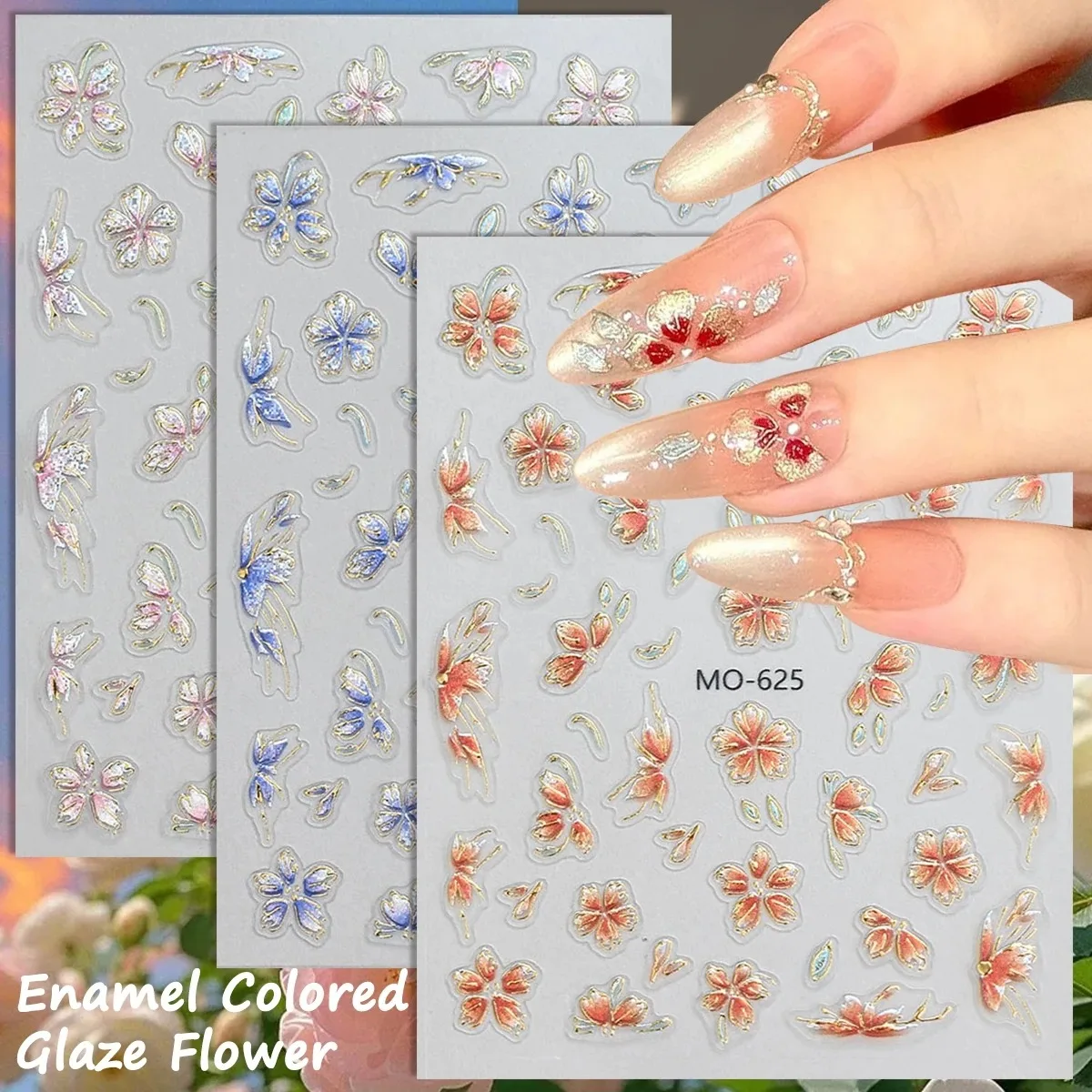 5D Enamel Butterfly & Flower Nail Stickers Gold Outline Self-Adhesive Floral DIY Manicure Decals