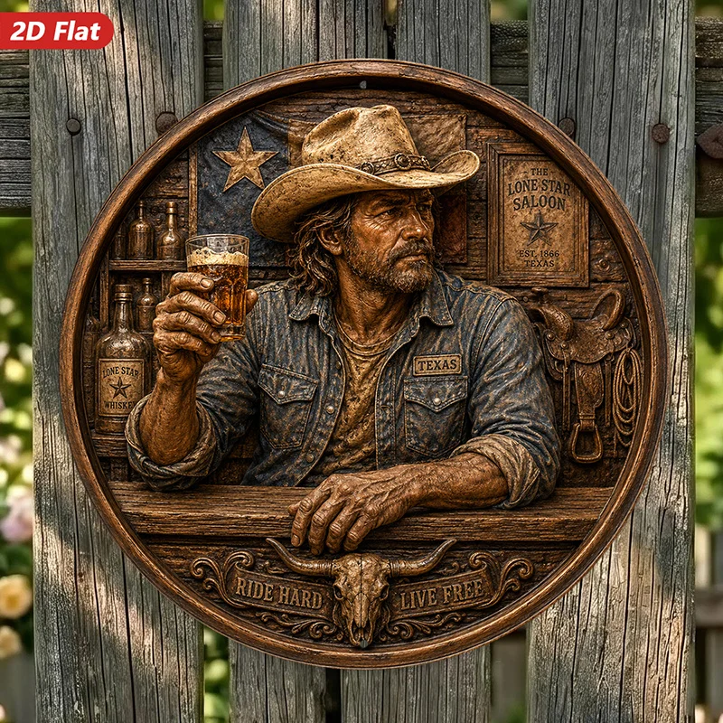 CIFBUY Western Style 2D Flat Round Aluminum Wall Art Waterproof Durable Metal Sign Cowboy Beer Man Decor for Living Room Study B