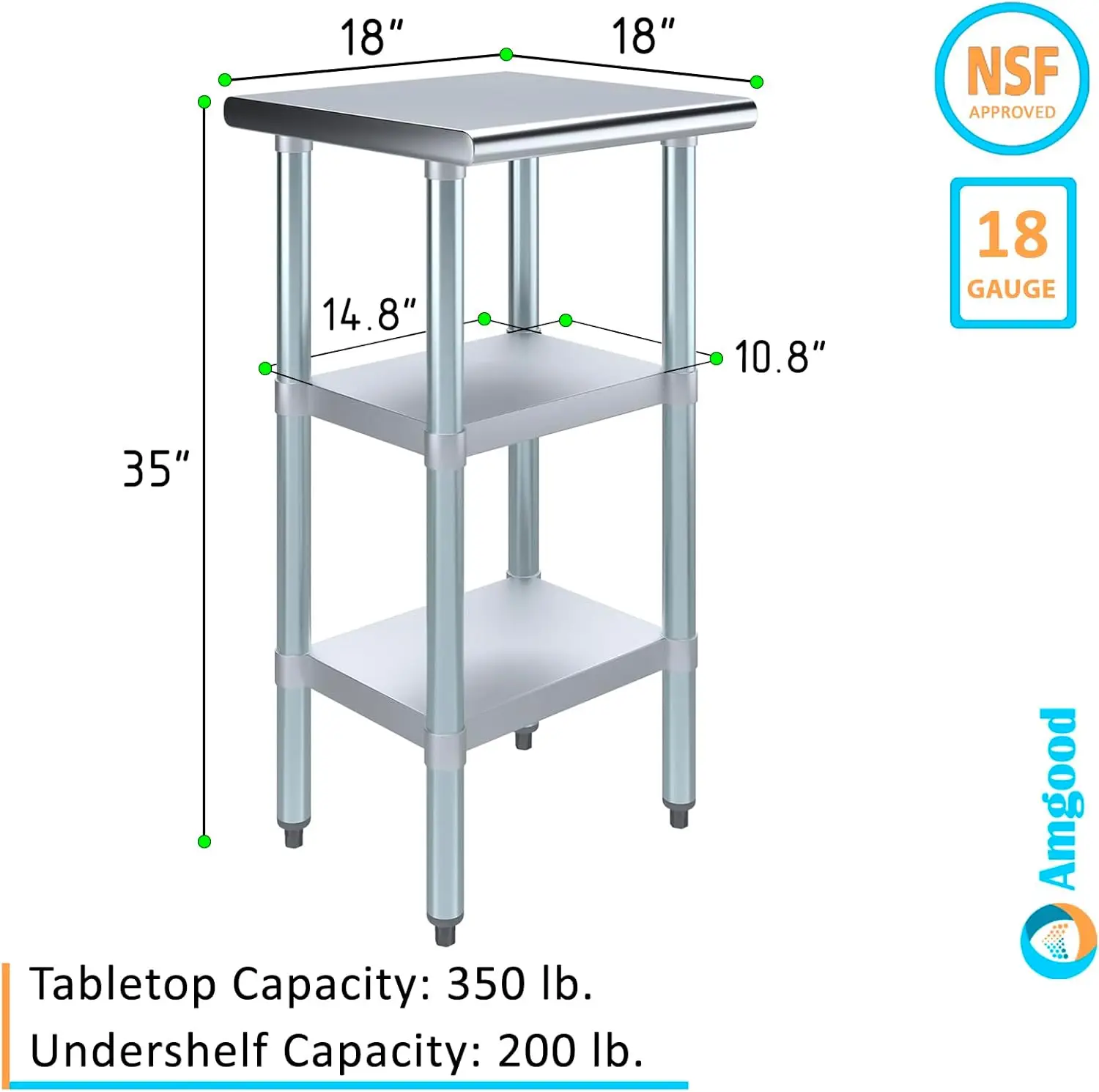 Stainless Steel Work Table with 2 Shelves |  Commercial & Residential NSF Utility Table