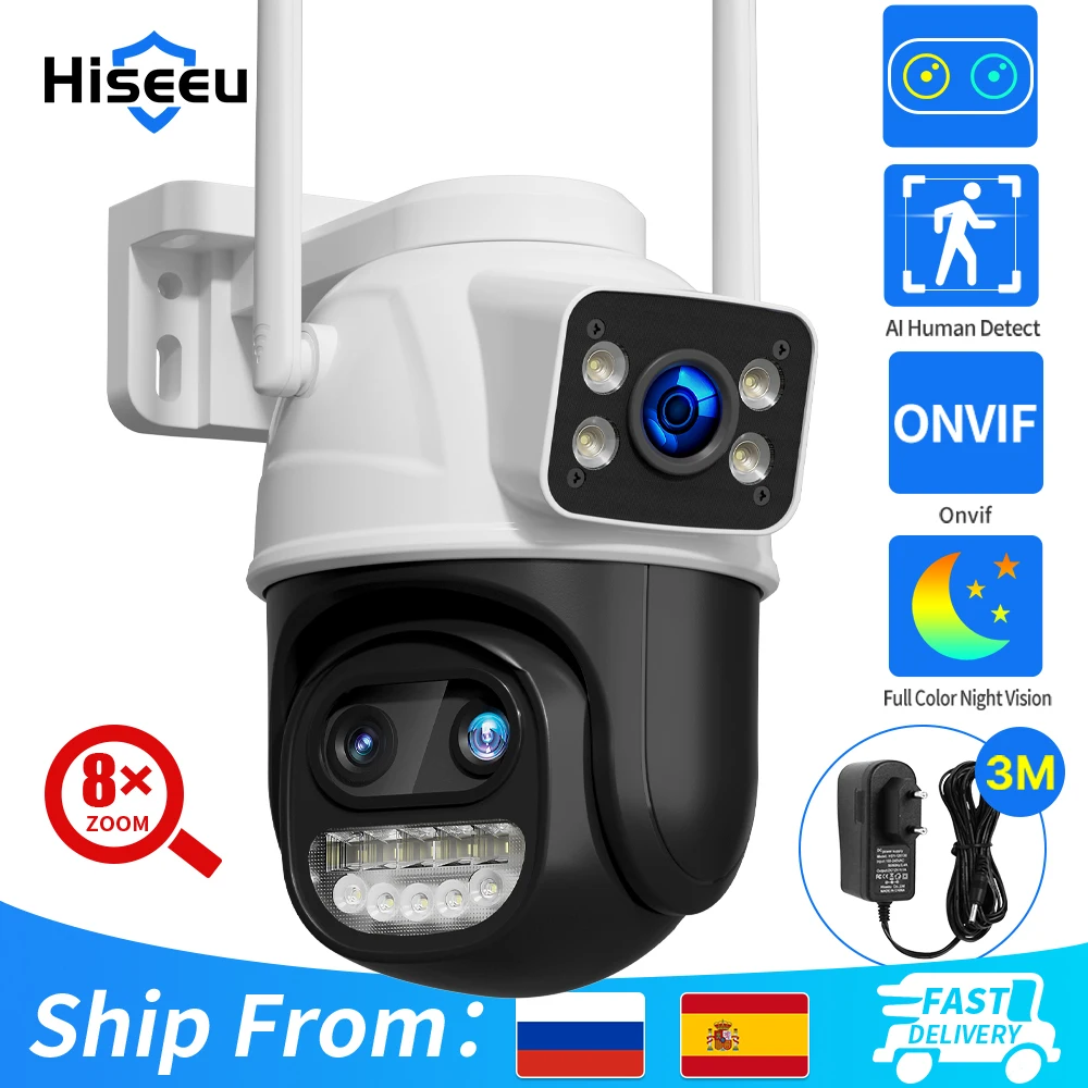 

Hiseeu 9MP Three Lens & Dual Screen WIFI IP Camera With 8X Zoom PTZ Camera Ai Auto Tracking Security Video Surveillance Camera