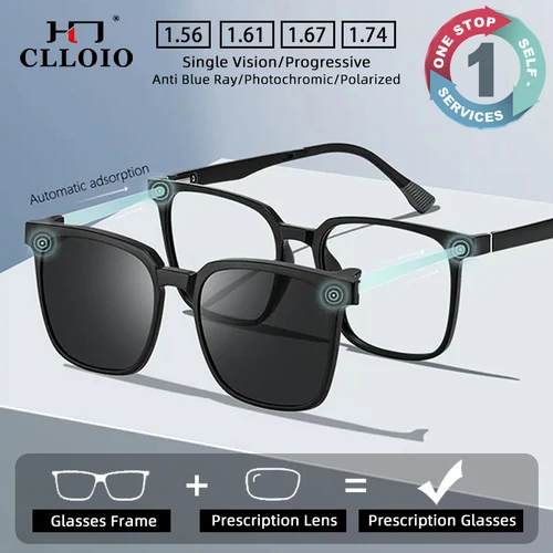 Imagen 1 del producto CLLOIO gafas graduadas con Clip polarizado magnético para hombres y mujeres, lentes ópticos para miopía, gafas de lectura progresivas antiluz azul